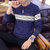 冲锋道 新款毛衣男士针织衫圆领保暖打底衫套头上衣服 青年条纹拼接时尚韩版修身潮流毛衣QCC126-1-863(蓝色 XL)第3张高清大图