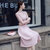 2017蕾丝连衣裙秋装女新款韩版修身显瘦长袖时髦小立领裙子(粉红色 L)第4张高清大图