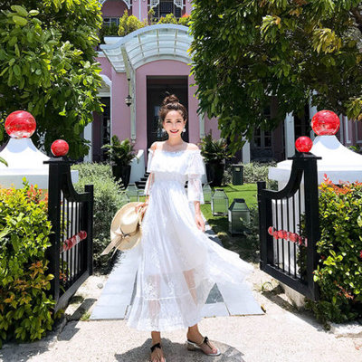 【女夏白色露肩一字肩蕾丝网纱连衣裙2018新