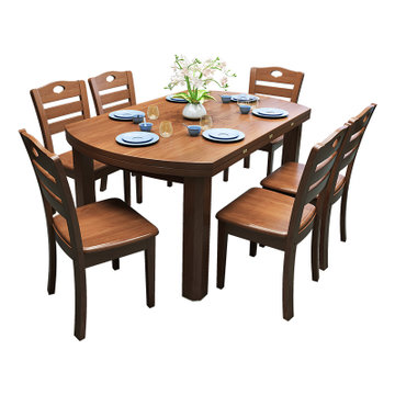 美天乐 餐桌 实木餐桌 长方形圆桌 折叠伸缩餐桌椅组合 现代简约(胡桃色 餐桌+4椅)