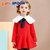 JELISPOON吉哩熊韩国童装冬季新款女童裙子甜美桃皮绒连衣裙(150 红色)第2张高清大图