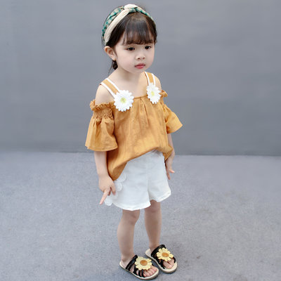 【韩版女童一字肩上衣夏季露肩套装宝宝洋气潮