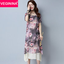 VEGININA  夏季新款女装复古棉麻假两件连衣裙女 2941(紫色 XXL)