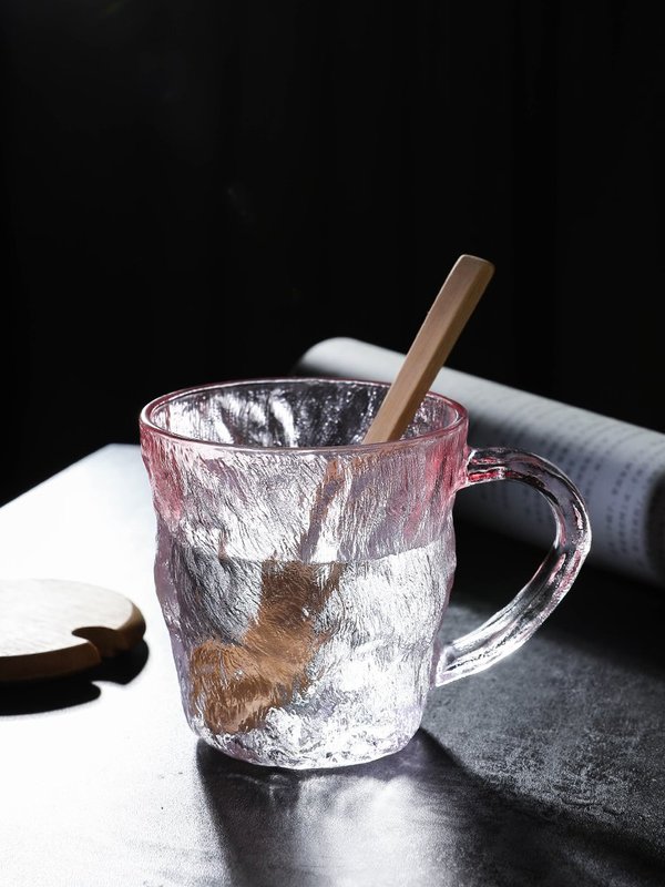 冰川纹玻璃杯带盖勺把手高颜值高级感宿舍喝水杯子家用茶杯ins风大号