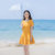 阿琳家2018夏季新款韩版女装修身显瘦短袖气质纯色连衣裙短裙裙子(黄色)(M)第2张高清大图