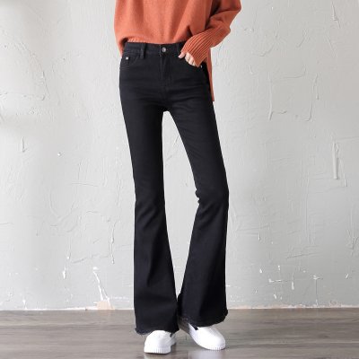 【春装新款黑色高腰喇叭裤女弹力显瘦毛边加长