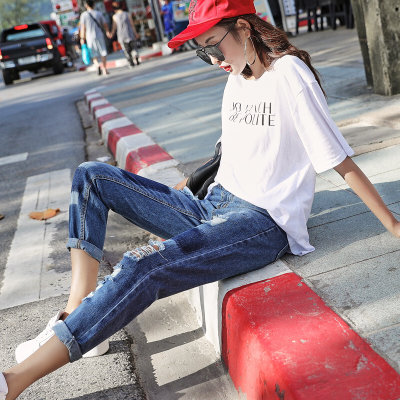 破洞牛仔裤女2017秋季韩版高腰宽松哈伦裤九
