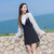 2018秋装新款韩版长袖喇叭袖时尚气质背心两件套连衣裙套装裙裙子(黑色)(L)第3张高清大图