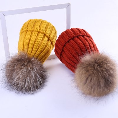 儿童秋冬韩版保暖婴儿针织毛线套头帽子大毛球(4岁-大人(建议头围 大红色(15-18c)