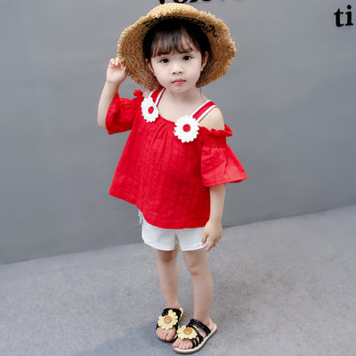 【韩版女童一字肩上衣夏季露肩套装宝宝洋气潮