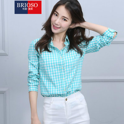 BRIOSO 2015女式新款小清新棋盘格子衬衫 女格子衬衫(B142110027 XXXL)