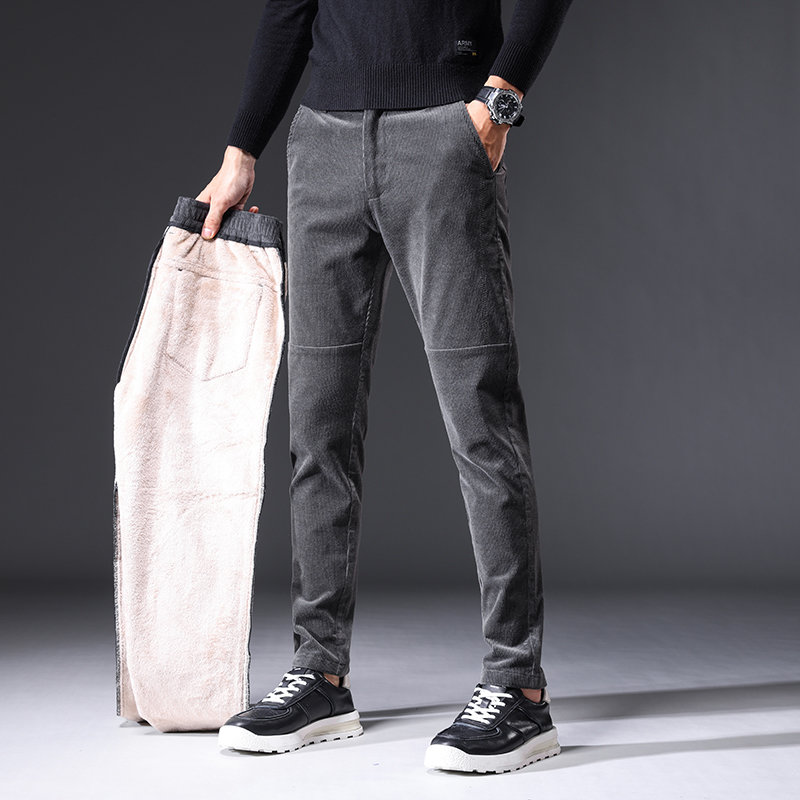 灯芯绒裤子男士冬季外穿加绒条绒男裤灯草绒休闲裤直筒长裤秋冬款by