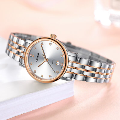 帝浪（DILANG）手表女士时尚石英镶钻瑞士机芯防水精钢女表2020新品L2(白色 钢带)