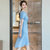 MISS LISA韩版时尚气质圆领高腰中长款连衣裙大码裙子KL908-1(蓝色 5XL)第4张高清大图