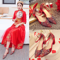 2017夏季新款红色婚鞋女民族风中式秀禾鞋高跟凉鞋粗跟一字扣单鞋(37)(红色7.5厘米)