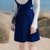 2018秋装新款韩版修身显瘦长袖喇叭袖背带裙两件套连衣裙套装裙(蓝色)(M)第5张高清大图