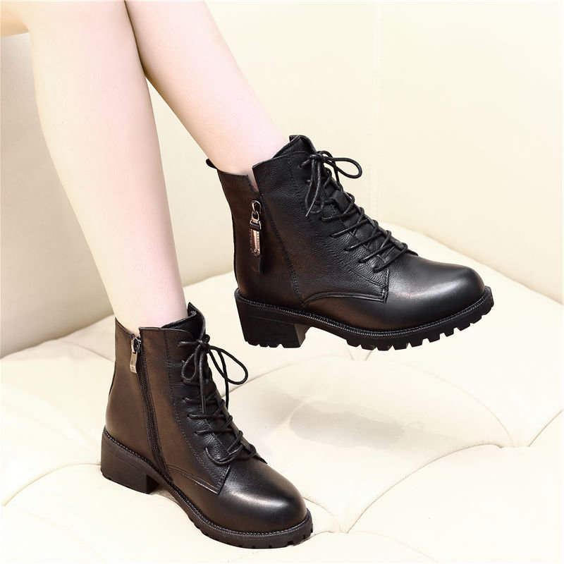 百搭平底短靴女粗跟加绒马丁靴复古厚底系带女鞋38黑色网纱内里3551