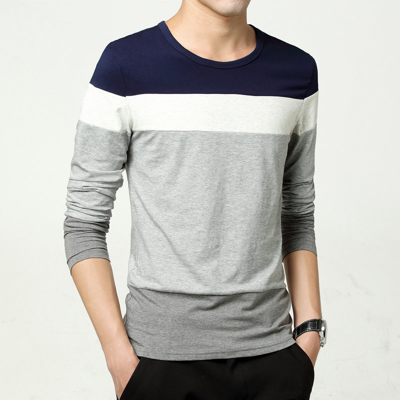 卡郎琪 男士新品长袖t恤 男青年拼接撞色时尚t恤 男圆领舒适棉修身