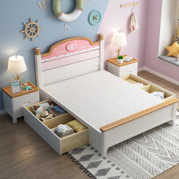 吉木多 儿童床单人床女孩现代简约1.5米单层床实木床1.2米卧室粉色公主床(1.2米象牙白+原木色 单床)