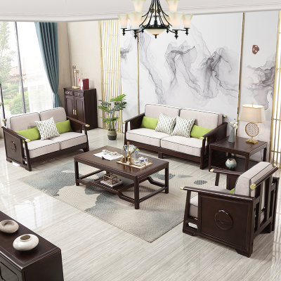 吉木多 实木沙发三人位新中式客厅橡胶木家具大小户型布艺双人单人组合(黑檀色 单人位)