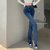 MISS LISA春装新款牛仔裤修身高腰斜扣开叉微喇牛仔裤0201(蓝色 L)第3张高清大图