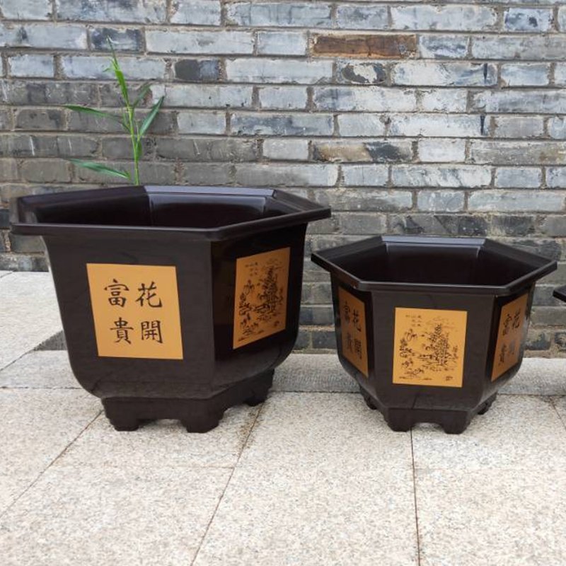 家用大号种树六角花盆塑料加厚树脂窗台摆放园艺庭院异形养花送托咖啡