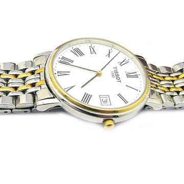 天梭/Tissot 瑞士手表心意系列经典钢带日历石英男士手表T52.2.481.13(金壳白面金银钢带 钢带)