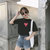 【朵梵语】2019年夏季新款韩版宽松印花短袖t恤女学生修身显瘦T恤(黑色 L)第3张高清大图