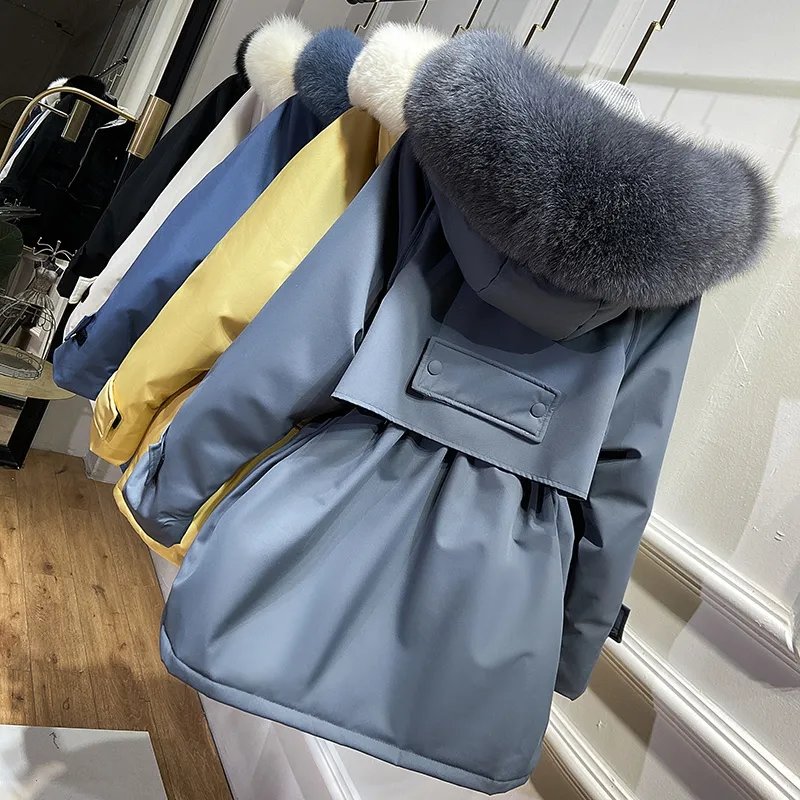 狐狸毛白鸭绒派克羽绒服女中长款2021新款宽松加厚韩版大码外套雾霾蓝