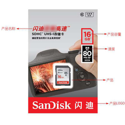 闪迪（SanDisk）SD卡 高速SDHC存储卡 16G 32G 64G 128G class10 80M/S 相机卡(16G)
