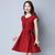 VEGININA  收腰修身短袖棉麻连衣裙 2908(红色 3XL)第2张高清大图