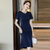 MISS LISA韩版时尚气质圆领高腰中长款连衣裙大码裙子KL908-1(深蓝色 XXL)第2张高清大图