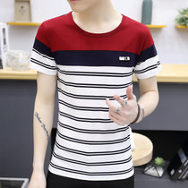 左岸男装 夏季新款韩版男士圆领短袖T恤男生修身条纹纯棉上衣 潮(上红下白 XXXL)