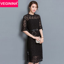 VEGININA  纯色吊带性感蕾丝两件套连衣裙 2901(黑色 XL)