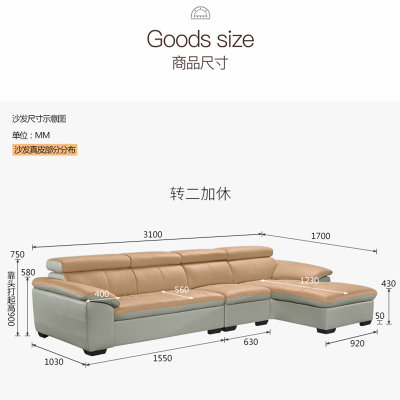 左右真皮沙发3.1米 功能靠头 现代客厅大小户型贵妃组合DZY5001(A1005青灰色 转二件反向)