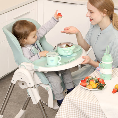 绵娜宝宝餐椅儿童餐椅多功能可折叠婴儿椅子便携式吃饭餐桌座椅带餐盘食品级PP塑料餐盘(薄荷绿)
