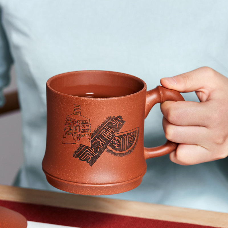 宜兴紫砂泡茶杯纯全手工带把盖杯原矿清水泥男办公大容量竹节缸杯