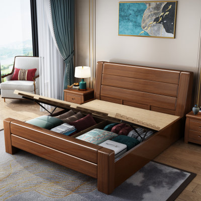 吉木多 胡桃木现代中式实木床1.8米双人床 高箱主卧婚床新中式1.5m储物床(1.5*2米胡桃色 单床)