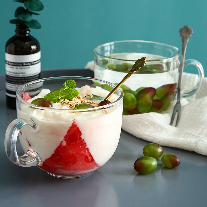 玻璃牛奶杯早餐杯大号燕麦片杯水果沙拉杯大肚杯带把水杯(单个装 默认