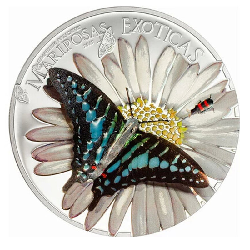 2015年赤道几内亚蝶恋花蝴蝶立体精制彩色纪念银币