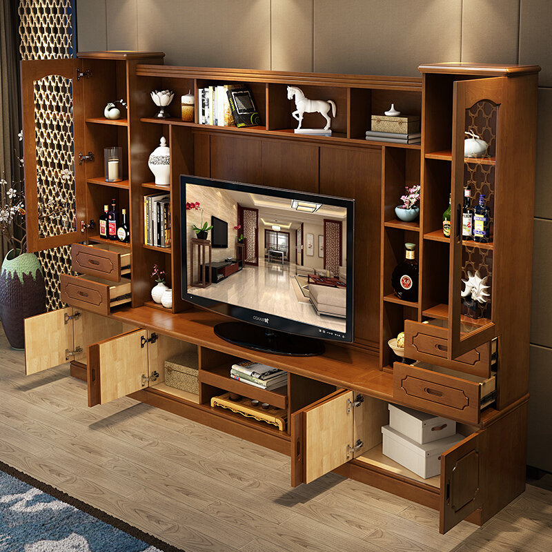 一米色彩实木电视柜现代简约地柜组合电视背景墙柜中式电视机影视柜储