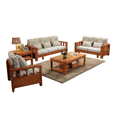 美天乐 新中式实木沙发组合 中式客厅木沙发整装家具 小户型橡胶木布艺沙发(原木色 单人位)