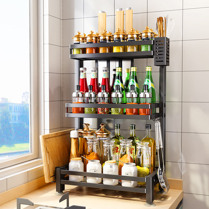 不锈钢厨房置物架台面瓶盒用品调味品收纳架家用大全转角调料架子二层