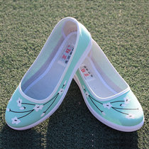 老北京布鞋坡跟护士鞋白色美容工作鞋绣花女单鞋软底舒适耐磨(绿色)