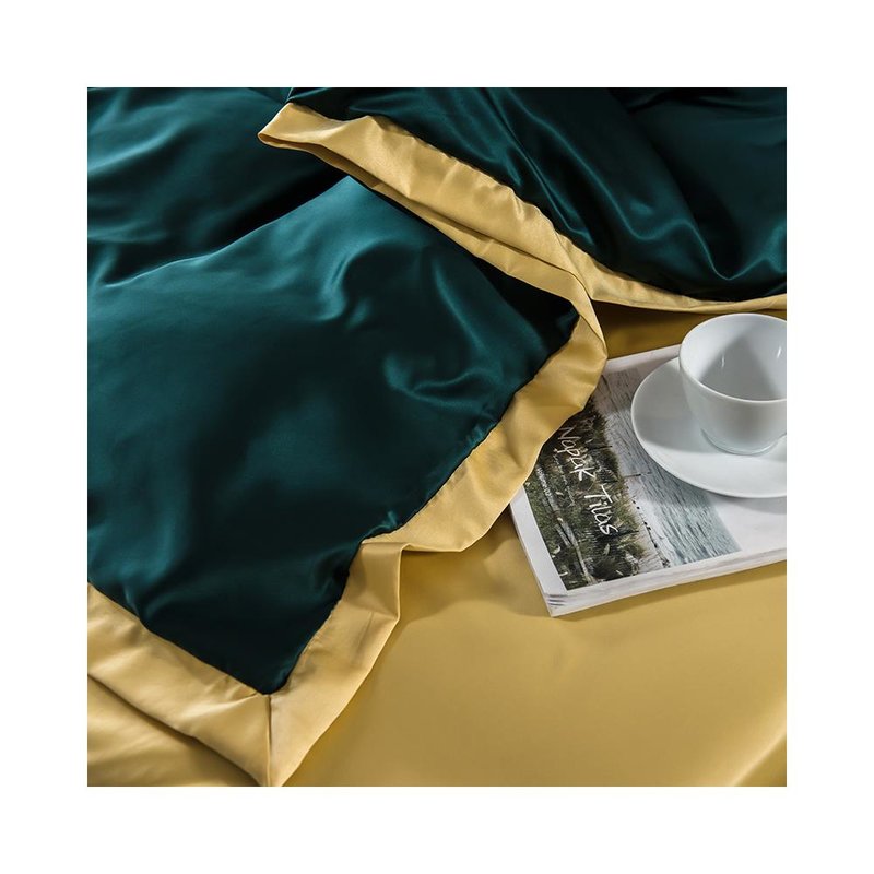水洗真丝绣花四件套床上用品枕套床笠床单盛夏墨绿拼姜黄