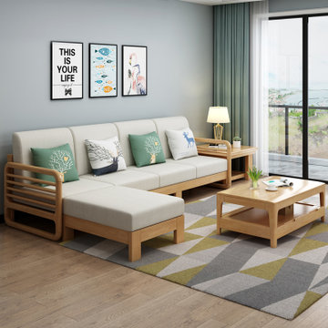 恒兴达 沙发 北欧实木沙发现代简约布艺转角沙发客厅整装实木沙发组合(原木色 单人位)