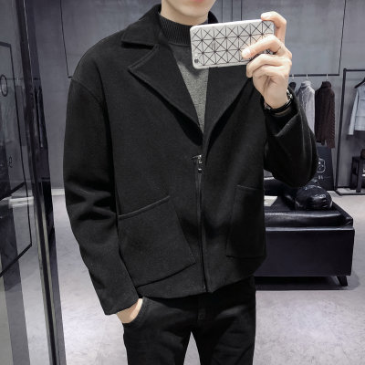 2018新款秋冬季韩版男士风衣毛呢大衣休闲外套短款呢子大衣(黑色 M)