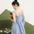 七格格2017夏装新款甜美格纹系带高腰无袖A字连衣裙短裙女N648(蓝色 XL)第3张高清大图