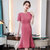MISS LISA韩版时尚气质圆领高腰中长款连衣裙大码裙子KL908-1(粉红色 XXL)第3张高清大图
