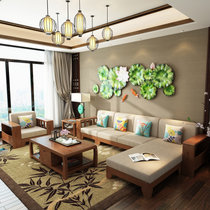 夏树 现代中式实木布艺沙发L型客厅转角简约 大小户型组合沙发(三人位+贵妃位+茶几（柚木色）)